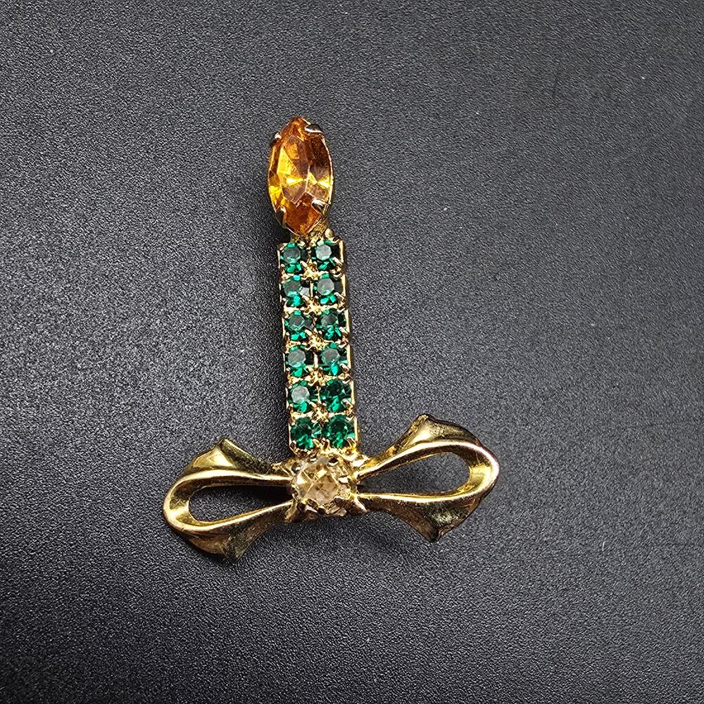 Green Rhinestone Candle Stick Brooch VIntage Christmas Jewelry